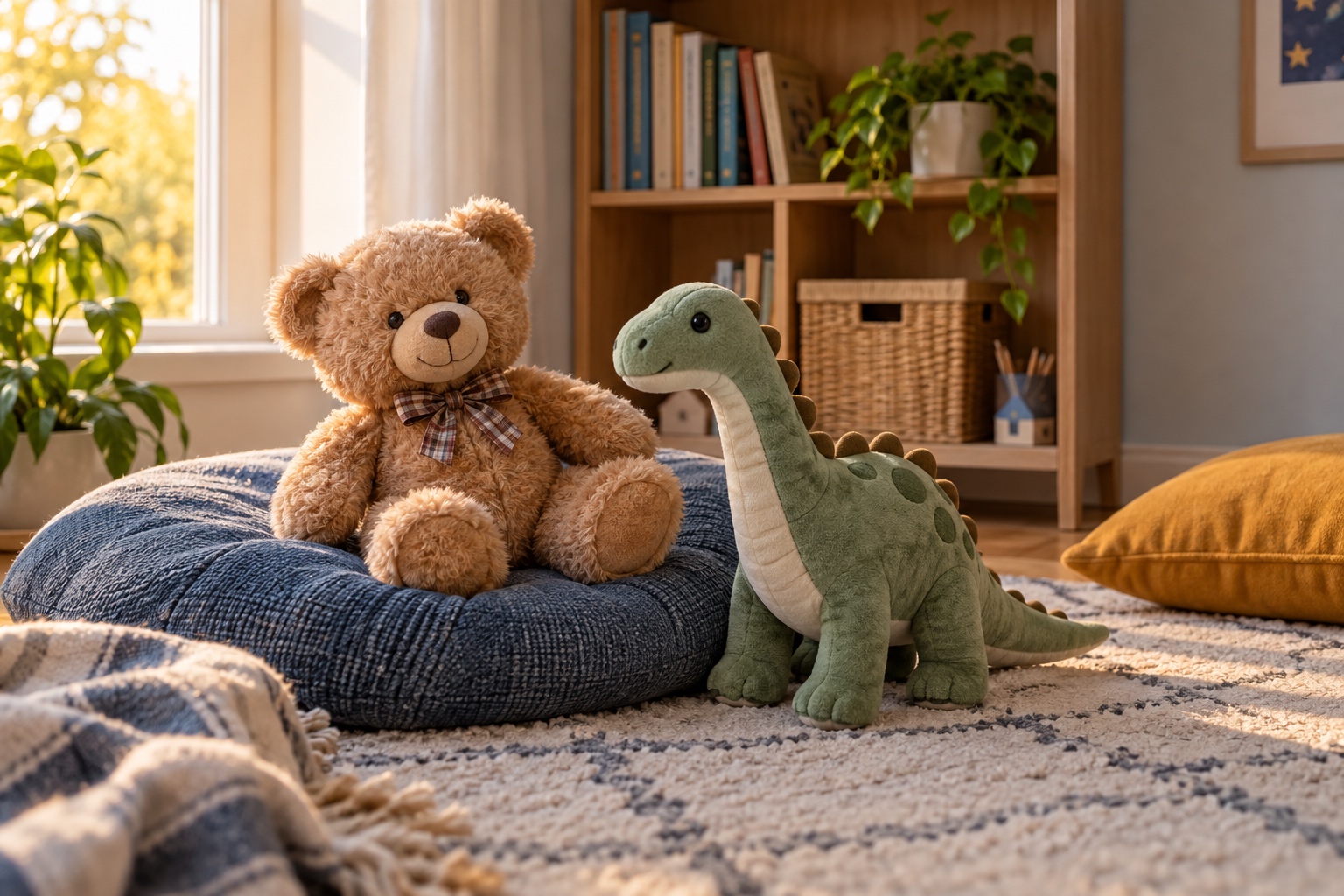 Плюшевый медведь и мягкий динозавр в уютном уголке для игр ребёнка